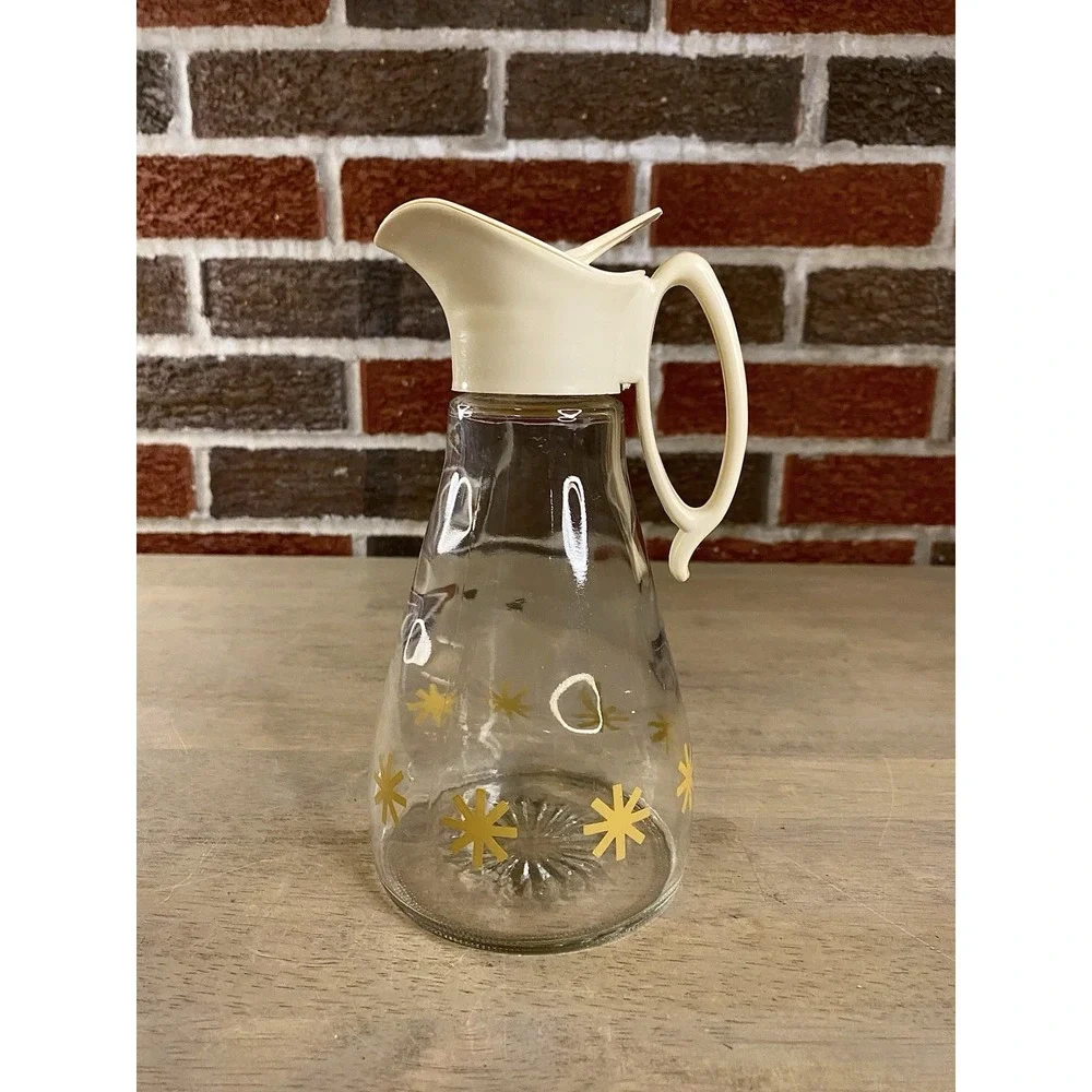 Vintage Log Cabin Syrup Pitcher Dispenser Gold Stars Starburst Clear Glass MCM
